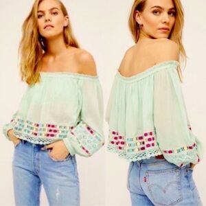 Free People Mint Off-Shoulder Blouse with Multicolor Trim